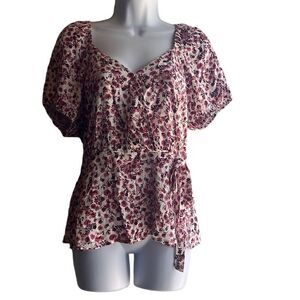 Mason & Belle Pink Floral Faux Wrap Tie‎ Belt Top Puff Sleeve Medium NWT Cottage